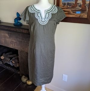 Boden Linen Embroidery Dress Olive/LightBlue 10L